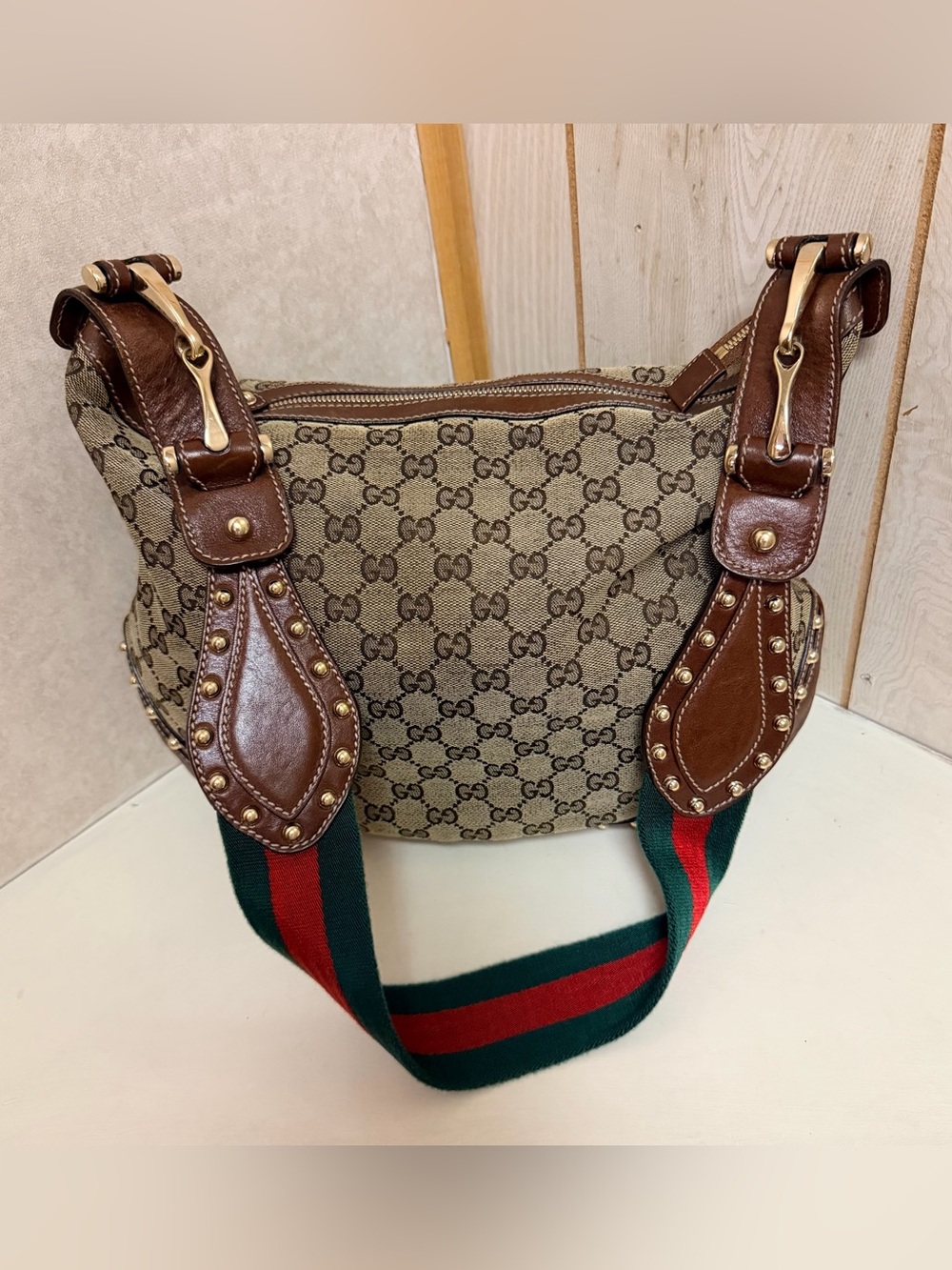 Gucci Brown GG Canvas Shoulder Bag with Web Stripe